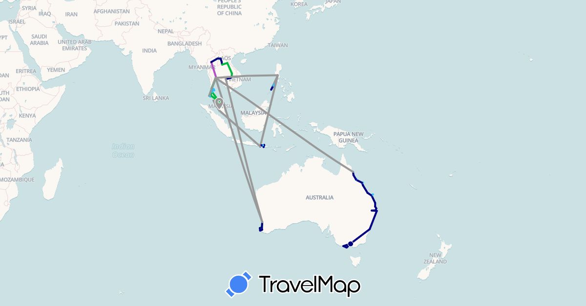 TravelMap itinerary: driving, bus, plane, train, boat in Australia, Indonesia, Cambodia, Laos, Malaysia, Philippines, Thailand (Asia, Oceania)
